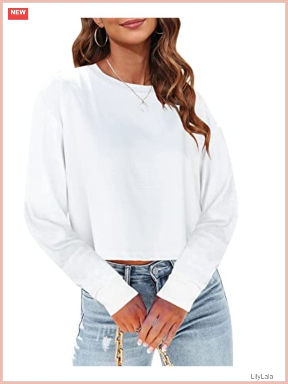 Oversized Long Sleeve Crop Top Drop Shoulder Casual Round Neck Tee